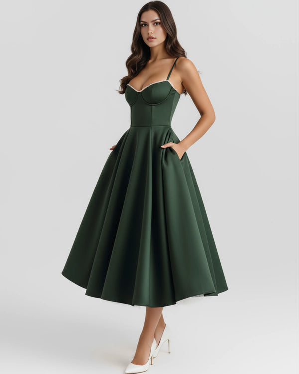 Selene – Forest Green Satin Midi Dress Clotheshomes™