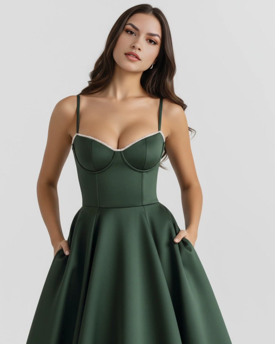 Selene – Forest Green Satin Midi Dress Clotheshomes™