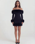 Bella – Black Faux Fur Off-Shoulder Mini Dress Clotheshomes™