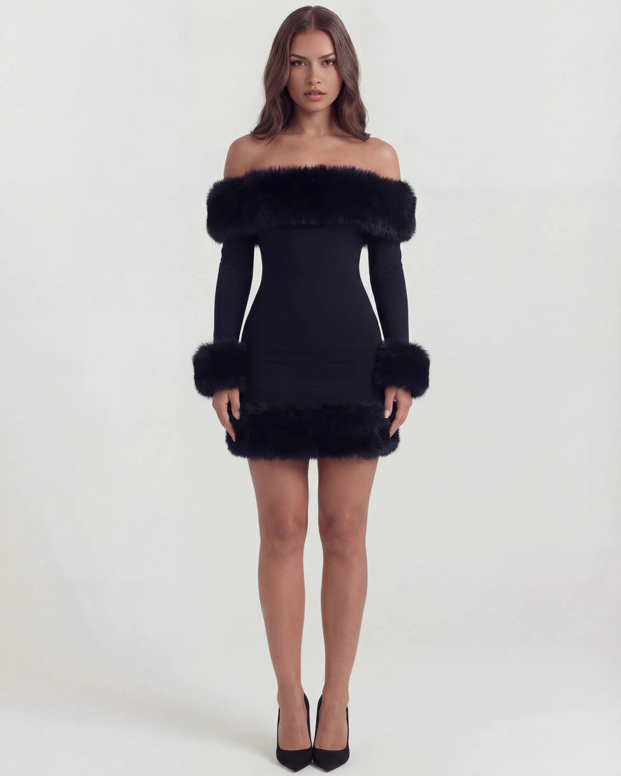 Bella – Black Faux Fur Off-Shoulder Mini Dress Clotheshomes™