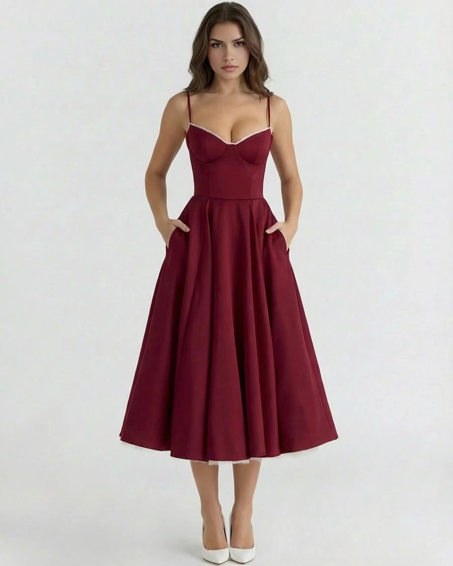 Selene – Burgundy Satin Midi Dress Clotheshomes™