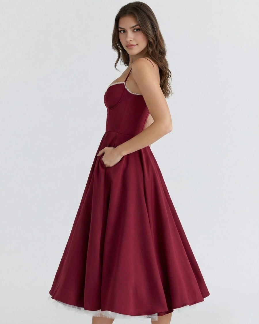 Selene – Burgundy Satin Midi Dress Clotheshomes™