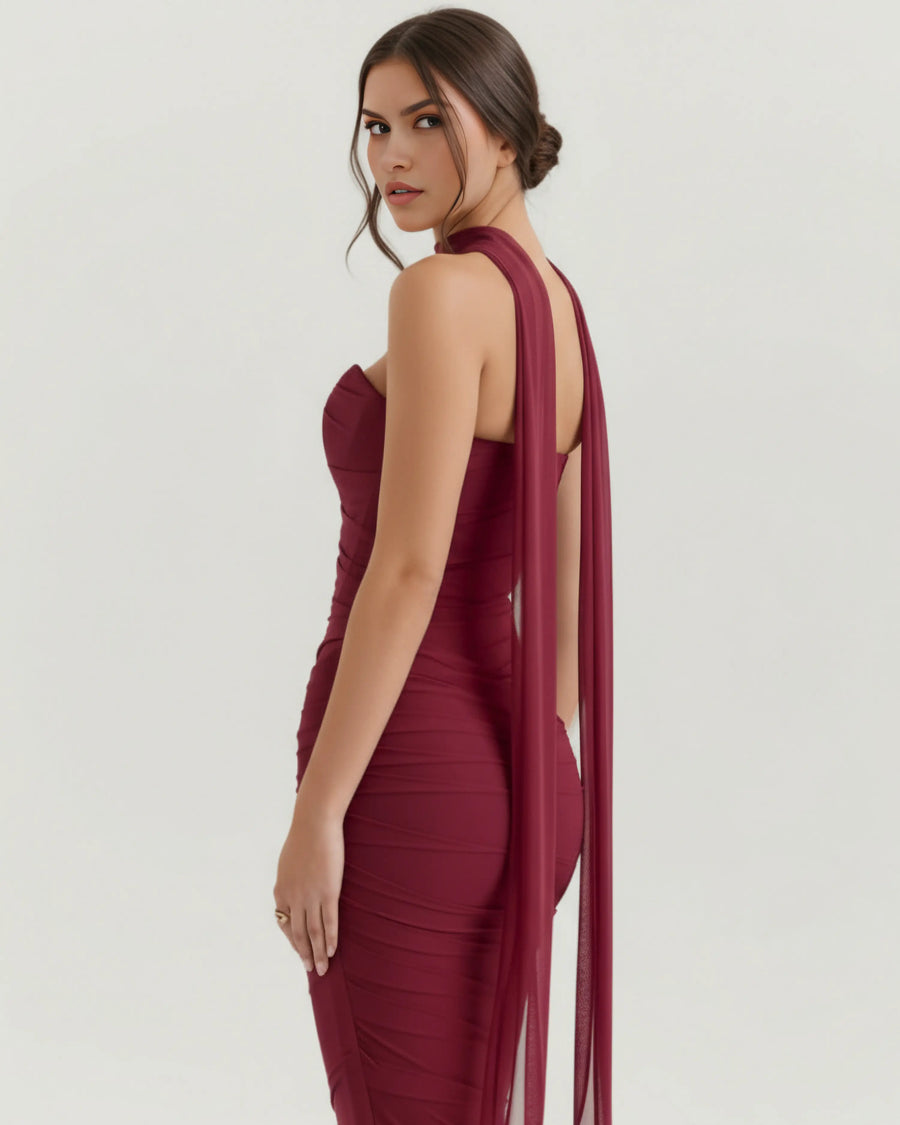 Malu – Burgundy Mesh Corset Maxi Set Clotheshomes™