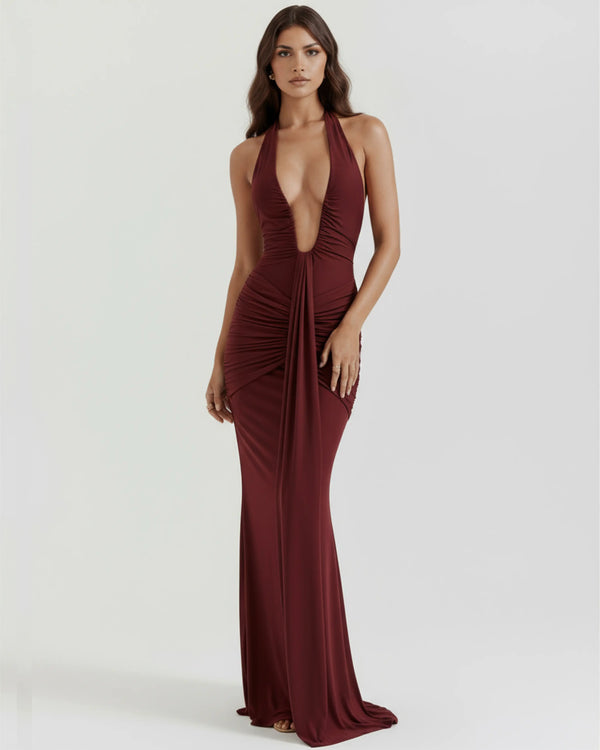 Ariel – Burgundy Plunge Maxi Dress Clotheshomes™