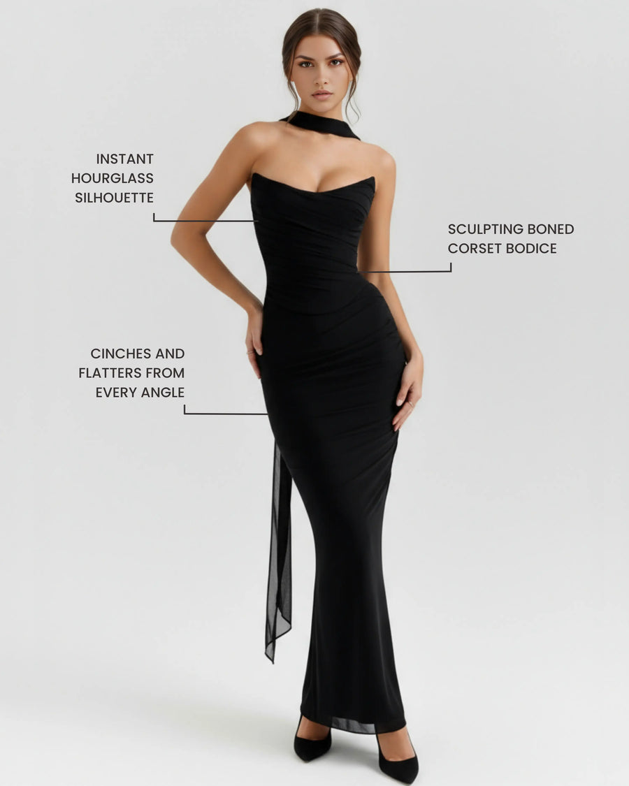 Malu – Black Mesh Corset Maxi Set Clotheshomes™