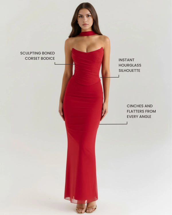 Malu – Red Mesh Corset Maxi Set