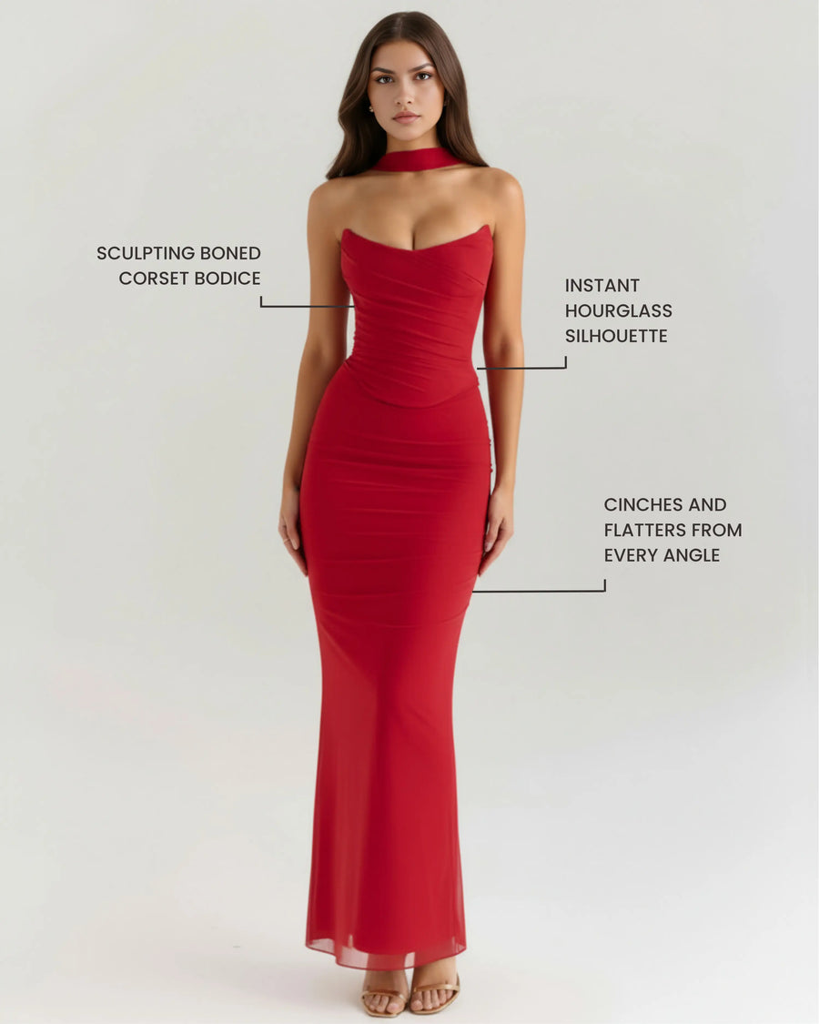 Malu – Red Mesh Corset Maxi Set Clotheshomes™