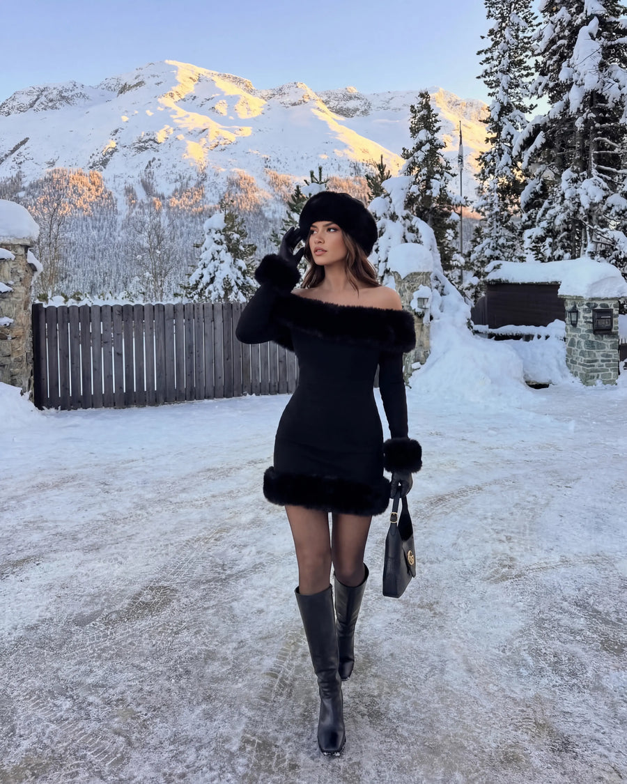 Bella – Black Faux Fur Off-Shoulder Mini Dress Clotheshomes™