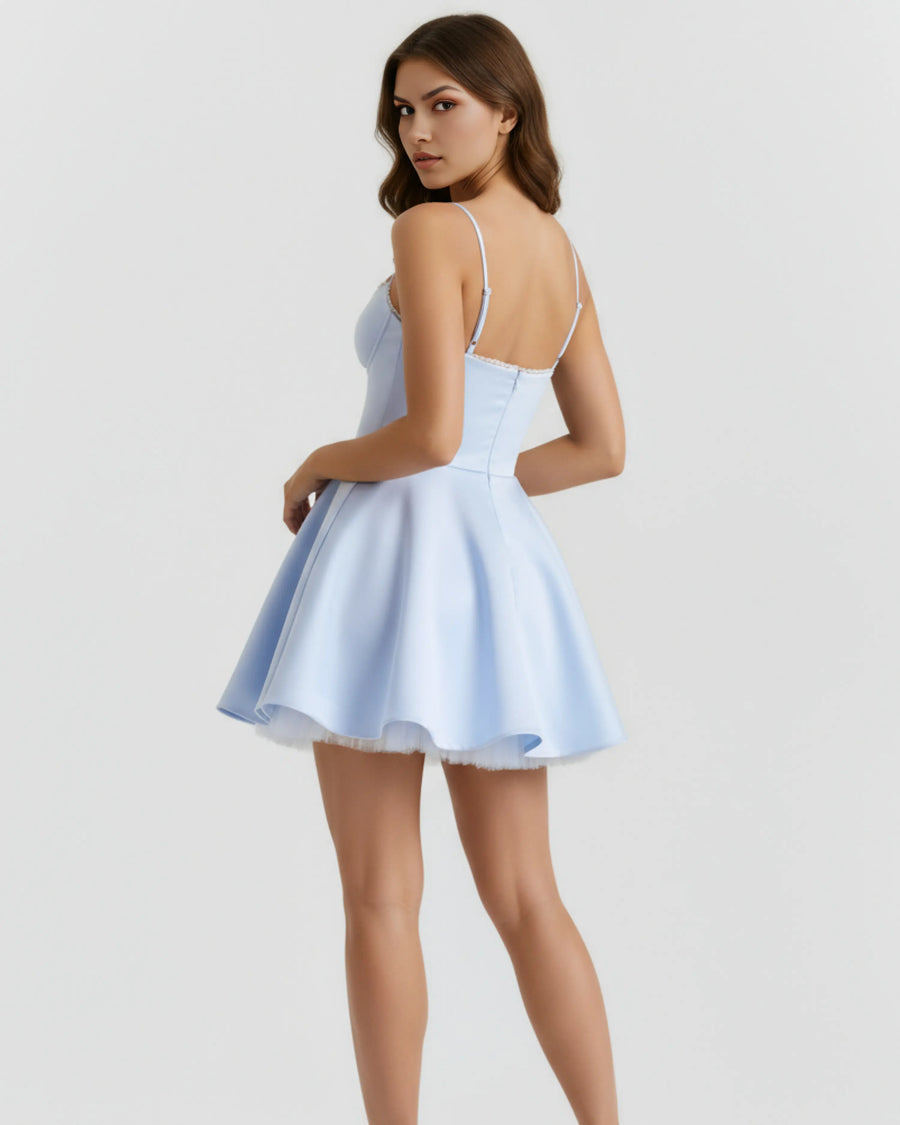 Selene – Baby Blue Satin Mini Dress Clotheshomes™