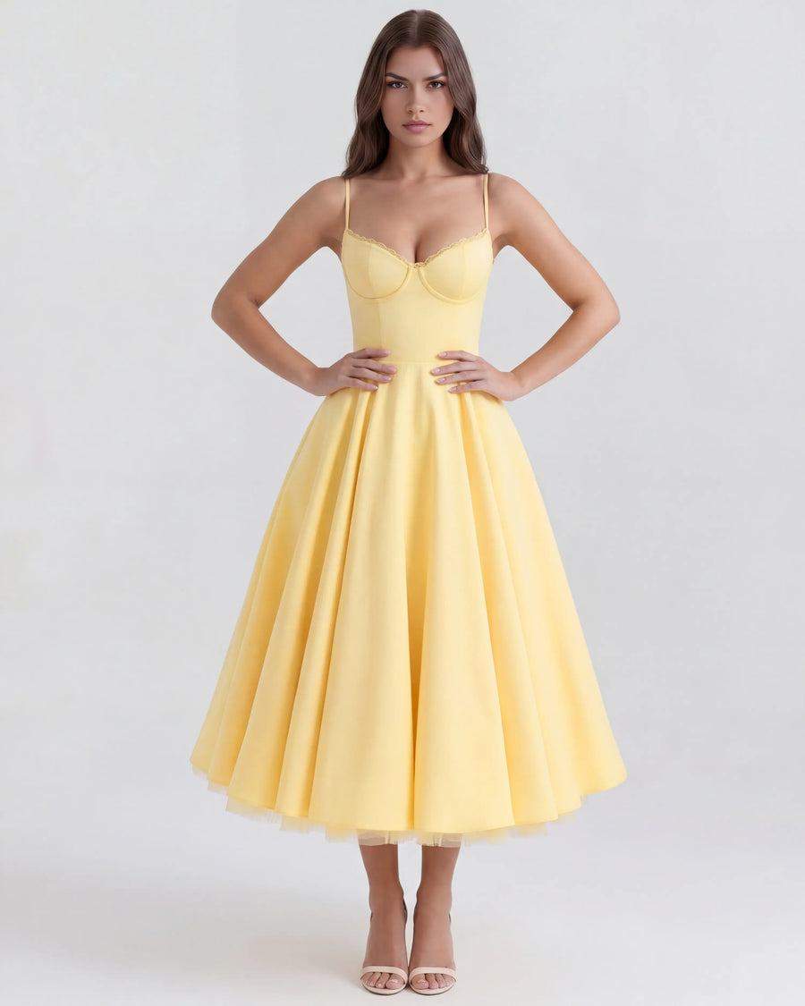 Selene – Butter Yellow Satin Midi Dress Clotheshomes™