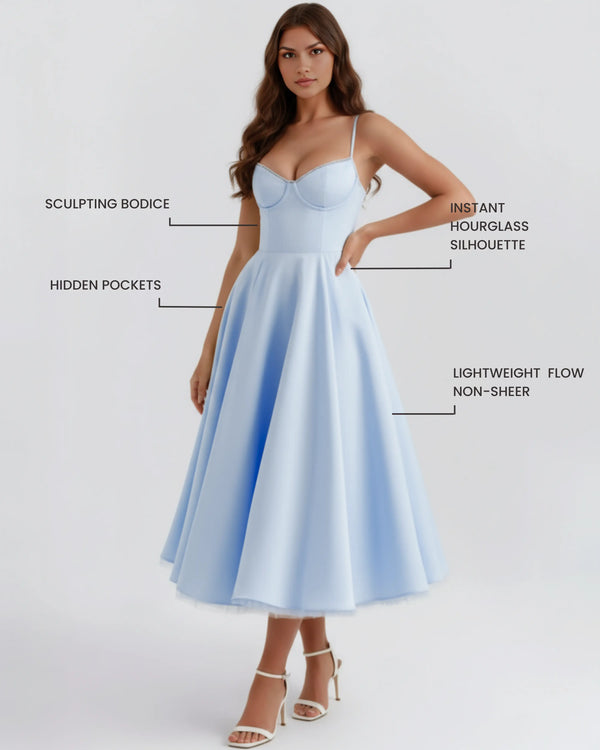 Selene – Baby Blue Satin Midi Dress