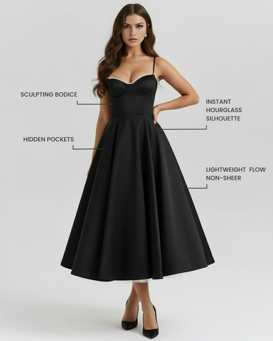 Selene – Black Satin Midi Dress Clotheshomes™