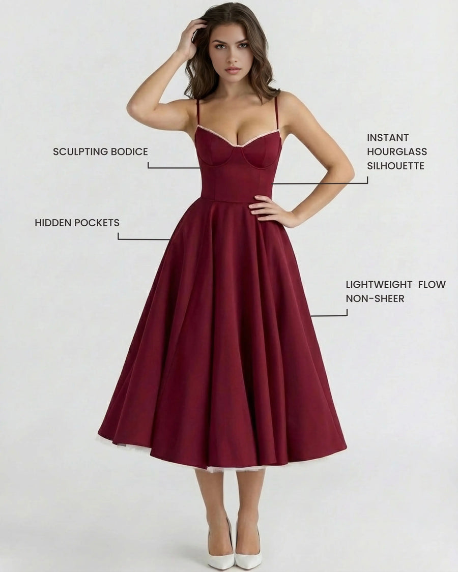 Selene – Burgundy Satin Midi Dress Clotheshomes™