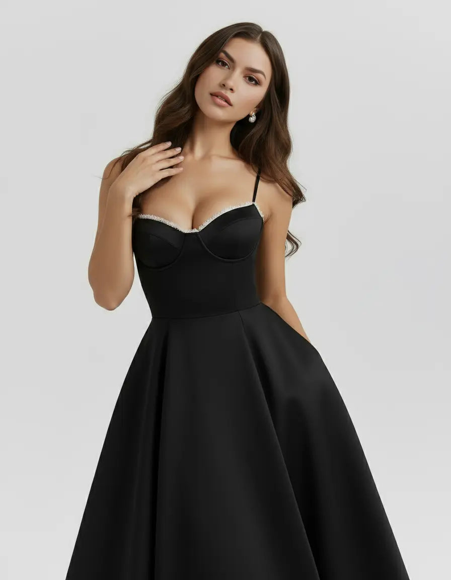 Selene – Black Satin Midi Dress Clotheshomes™