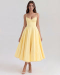 Selene – Butter Yellow Satin Midi Dress Clotheshomes™