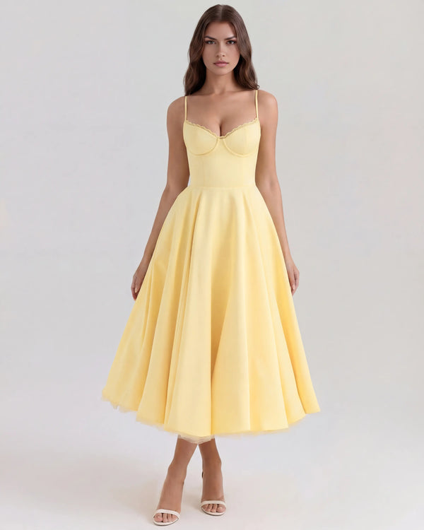 Selene – Butter Yellow Satin Midi Dress Clotheshomes™