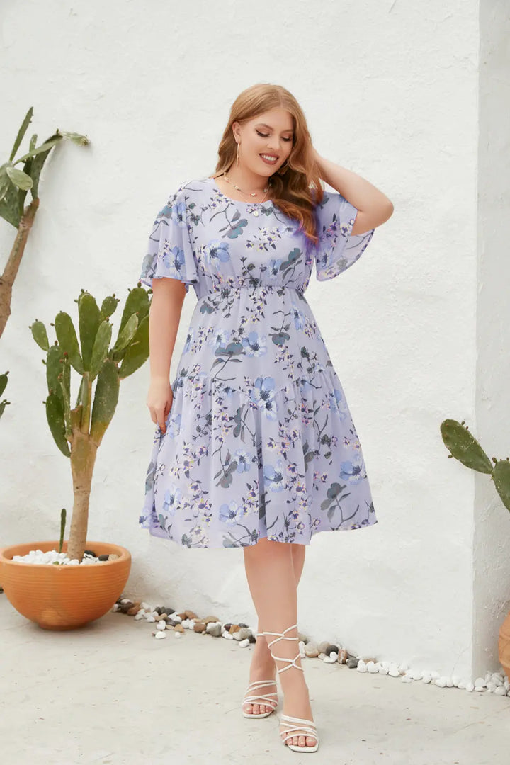 French Floral Mid length Waist Dress Clotheshomes