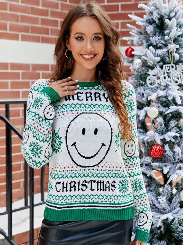 Green christmas sweater ｜Smiley face pattern Clotheshomes
