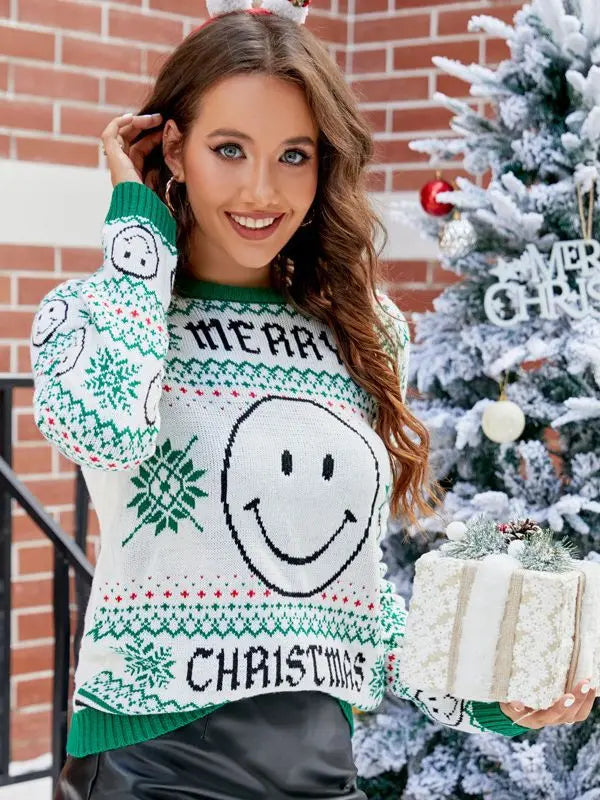 Green christmas sweater ｜Smiley face pattern Clotheshomes