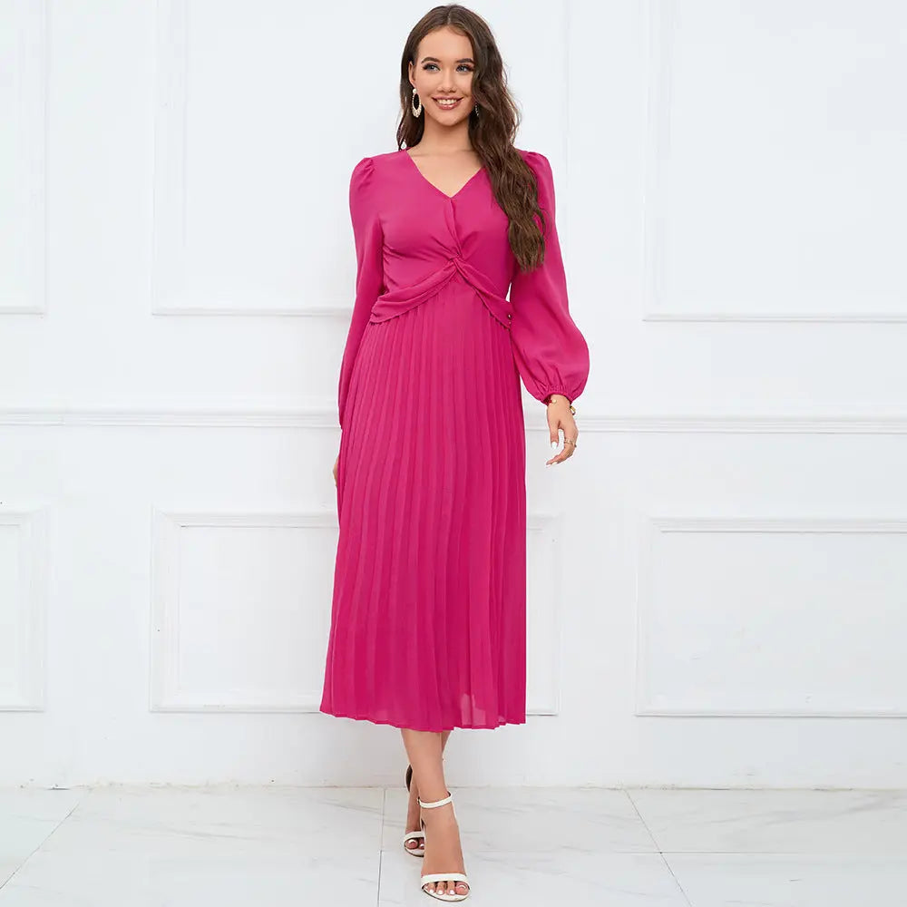 Modest Pleated Maxi Dress with Classic Elegant Pattern by STORE WF