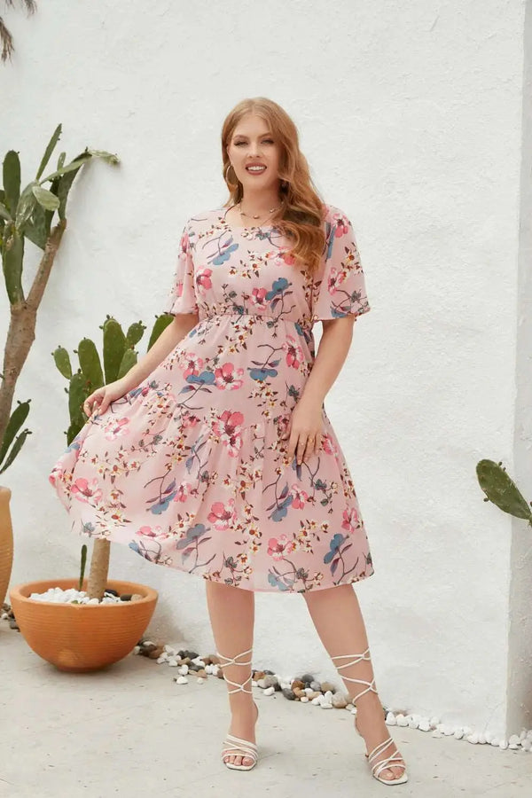 French Floral Mid length Waist Dress Clotheshomes