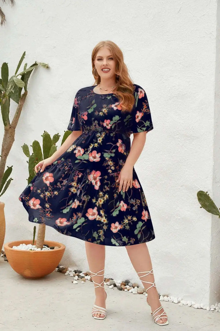 French Floral Mid length Waist Dress Clotheshomes