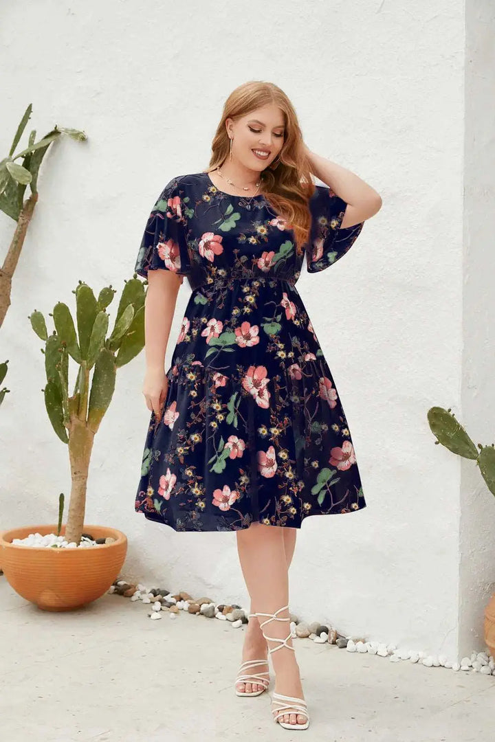 French Floral Mid length Waist Dress Clotheshomes