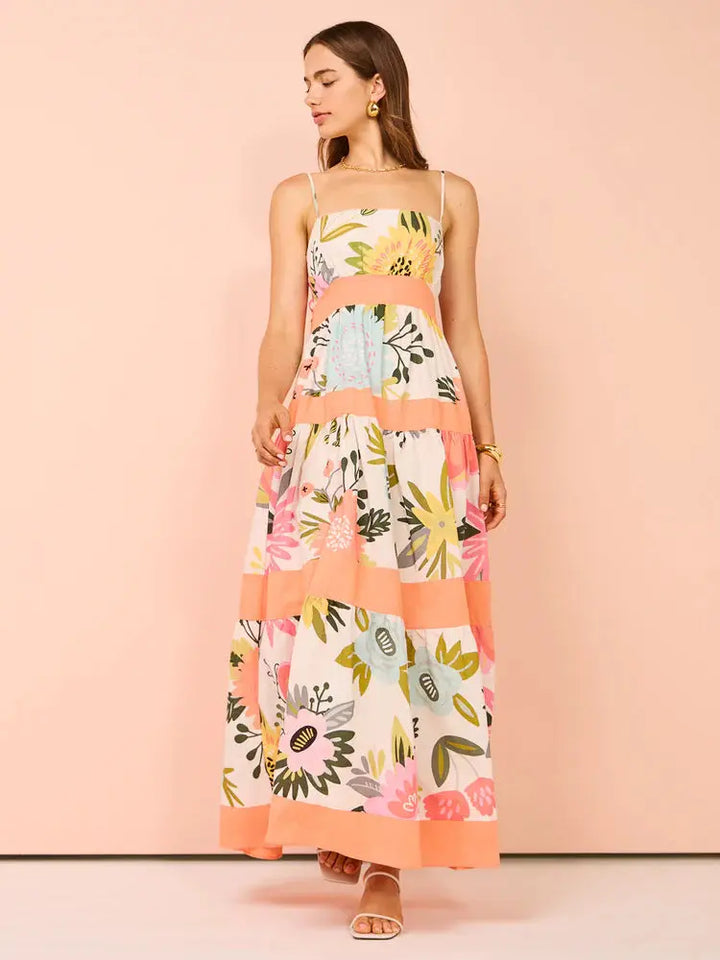 Printed Patchwork Spaghetti Strap Maxi Dress Clotheshomes™