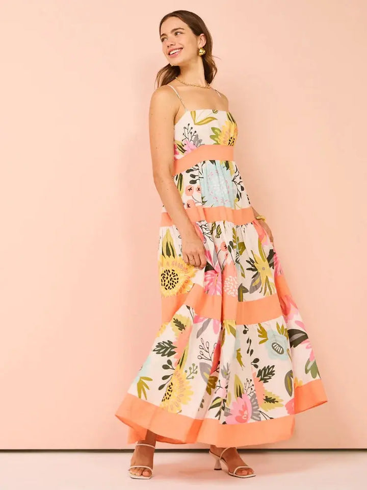 Printed Patchwork Spaghetti Strap Maxi Dress Clotheshomes™