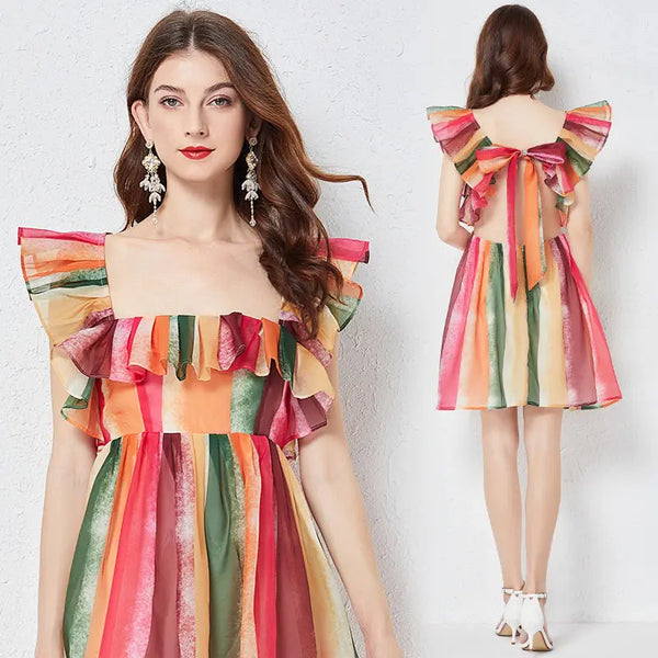 Clotheshomes™ Rainbow Stripe Ruffles Sleeveless Dress Clotheshomes™
