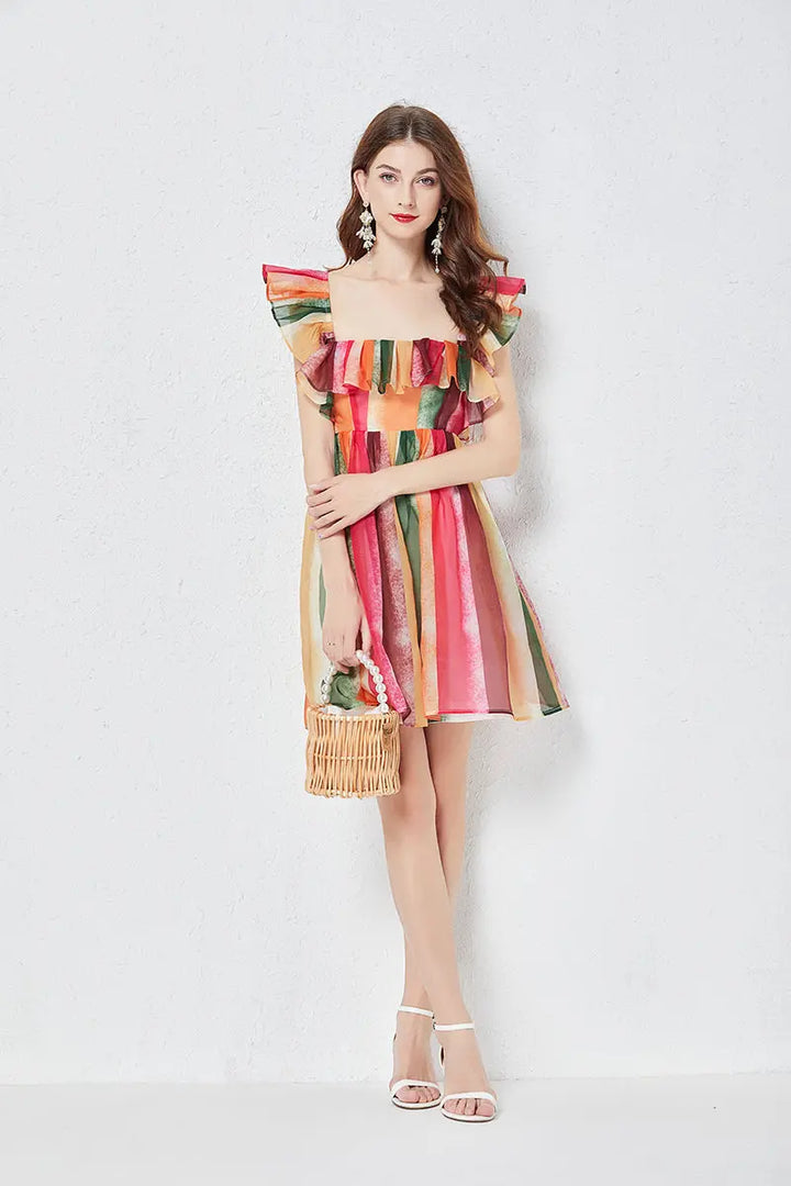 Clotheshomes™ Rainbow Stripe Ruffles Sleeveless Dress Clotheshomes™