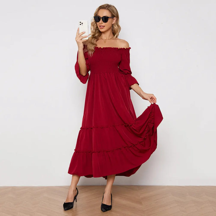 Red off the shoulder dress ruffled sleeves Clotheshomes