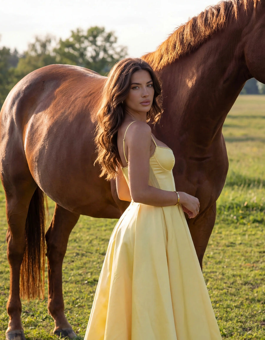 Selene – Butter Yellow Satin Midi Dress Clotheshomes™