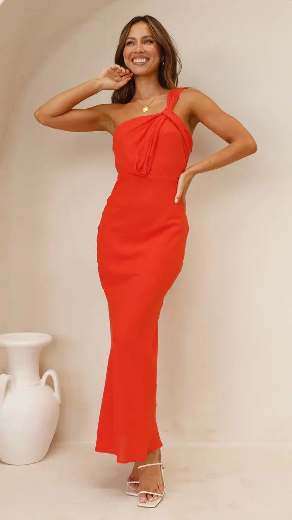 Solid Color Strapless A-Line One Shoulder Dress - Clotheshomes™