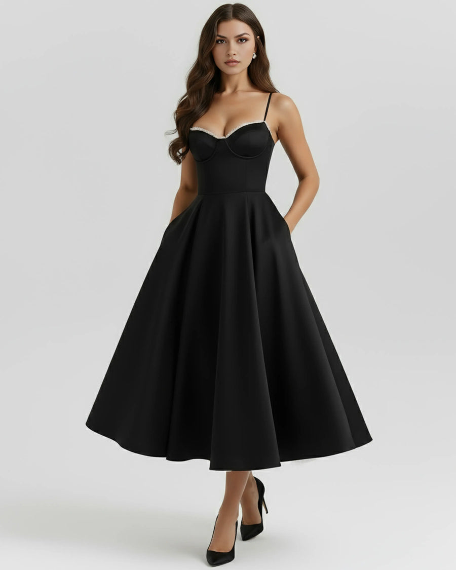 Selene – Black Satin Midi Dress Clotheshomes™