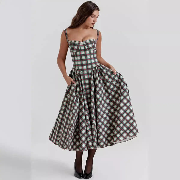 Vintage-style spaghetti strap plaid dress with a full skirt Clotheshomes™