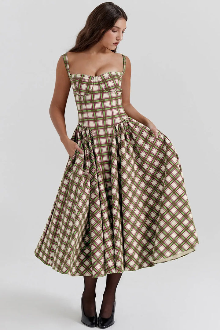 Vintage-style spaghetti strap plaid dress with a full skirt Clotheshomes™