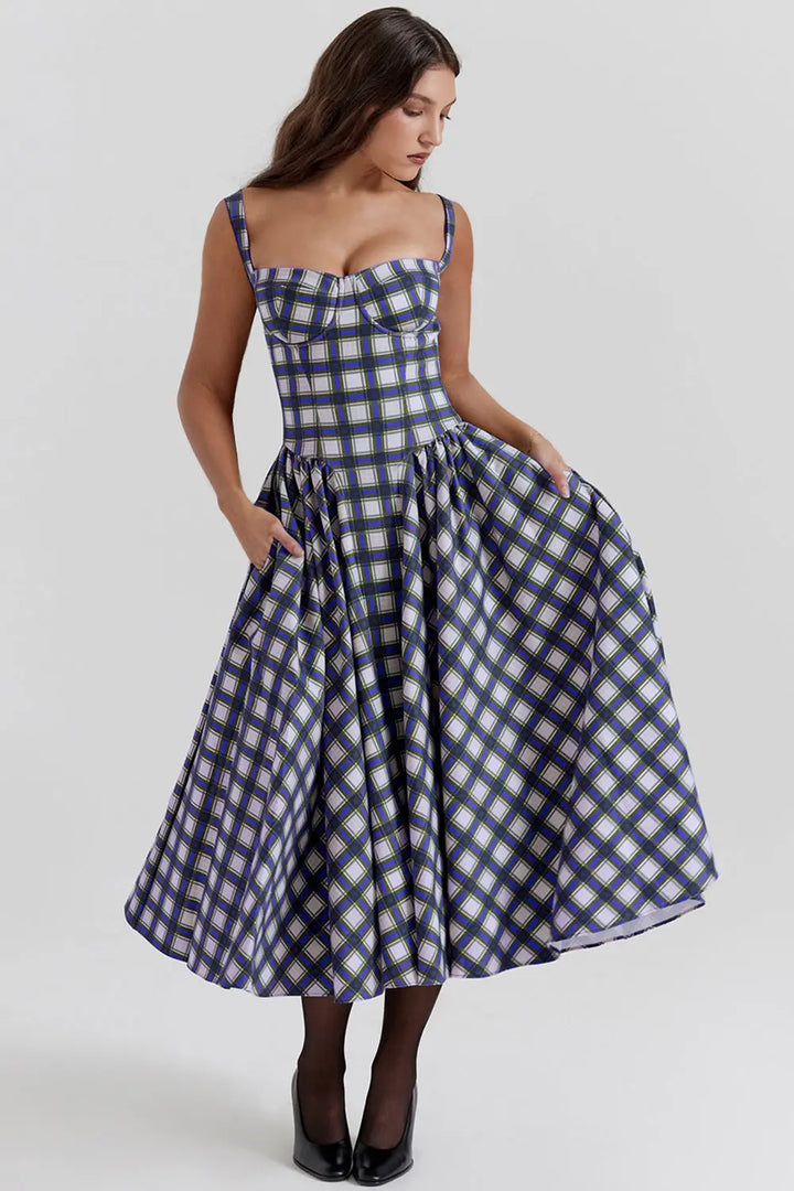 Vintage-style spaghetti strap plaid dress with a full skirt Clotheshomes™