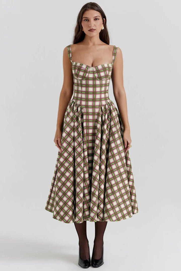 Vintage-style spaghetti strap plaid dress with a full skirt Clotheshomes™