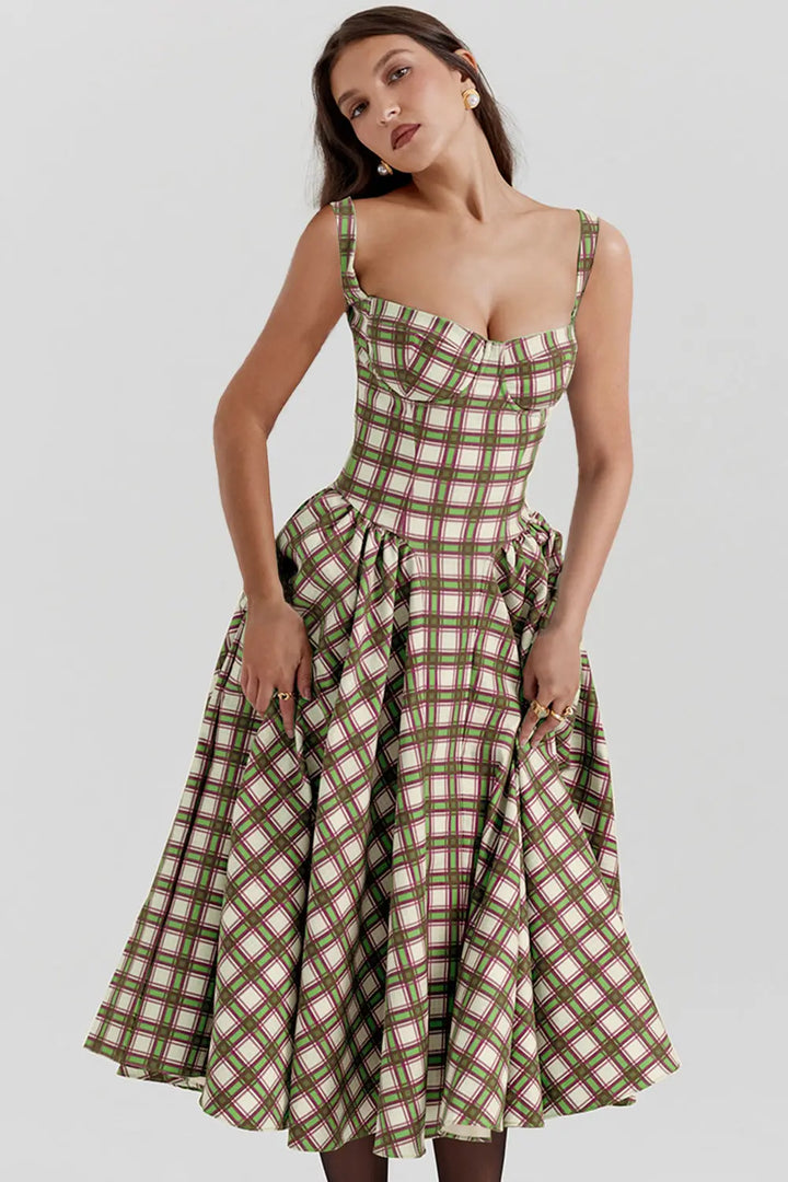 Vintage-style spaghetti strap plaid dress with a full skirt Clotheshomes™