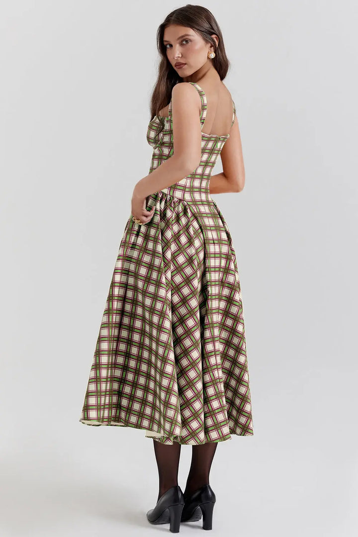 Vintage-style spaghetti strap plaid dress with a full skirt Clotheshomes™