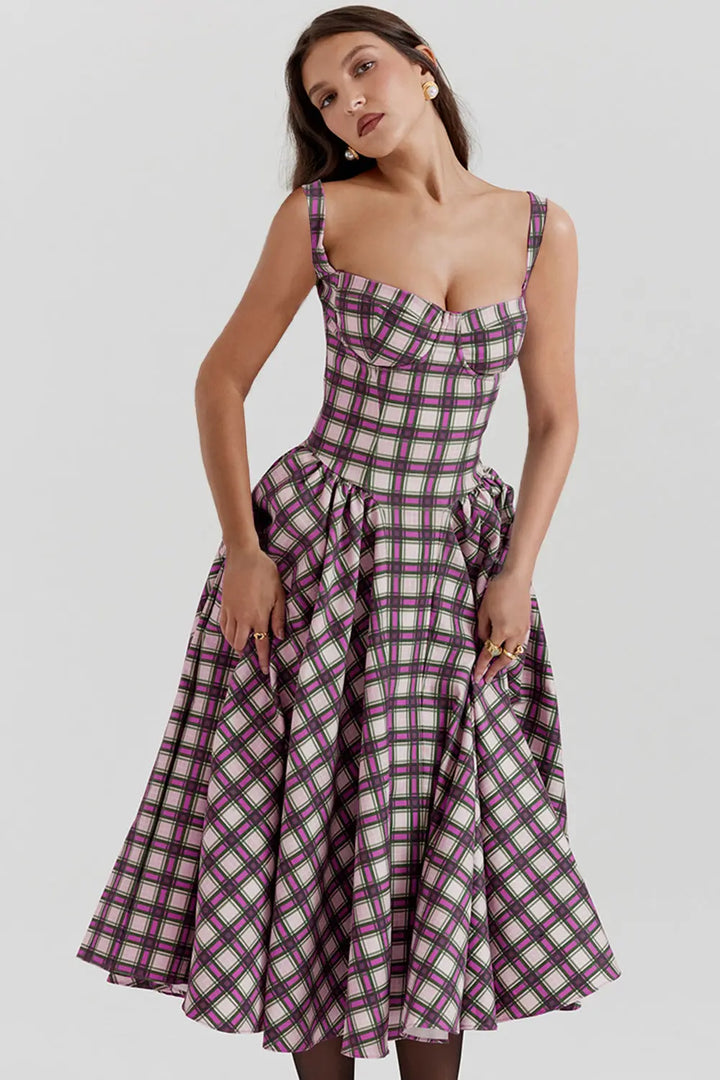 Vintage-style spaghetti strap plaid dress with a full skirt Clotheshomes™