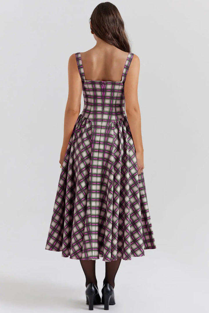 Vintage-style spaghetti strap plaid dress with a full skirt Clotheshomes™