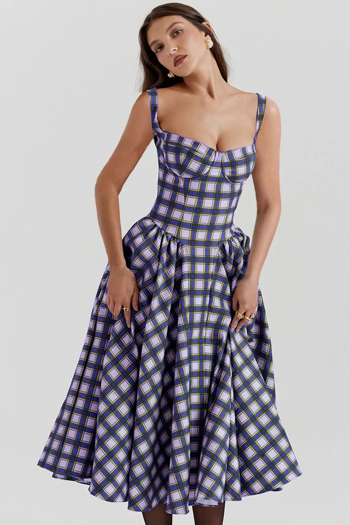 Vintage-style spaghetti strap plaid dress with a full skirt Clotheshomes™