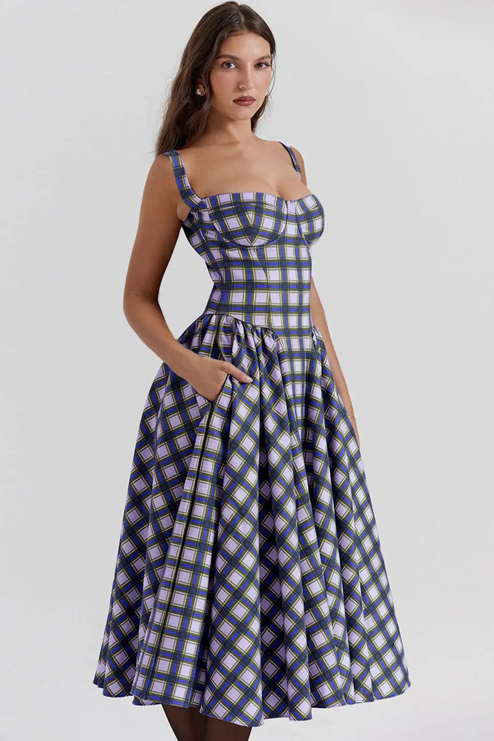 Vintage-style spaghetti strap plaid dress with a full skirt Clotheshomes™