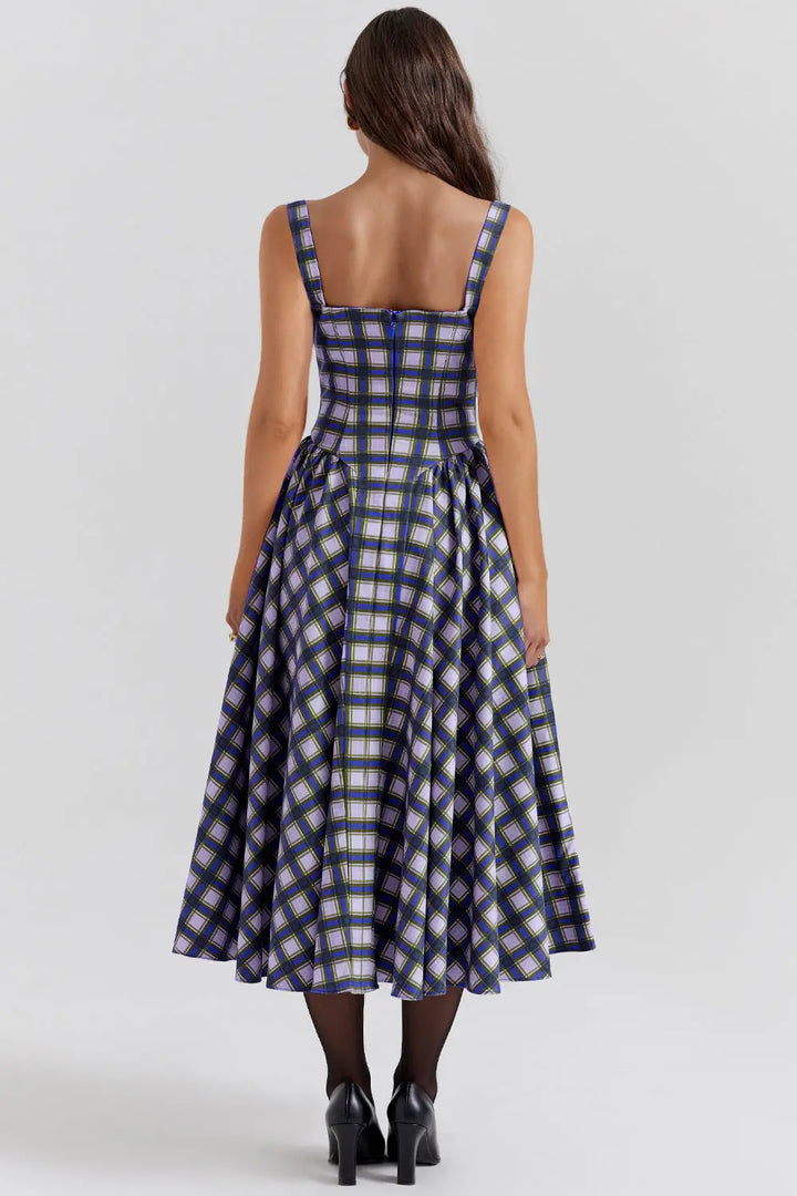 Vintage-style spaghetti strap plaid dress with a full skirt Clotheshomes™