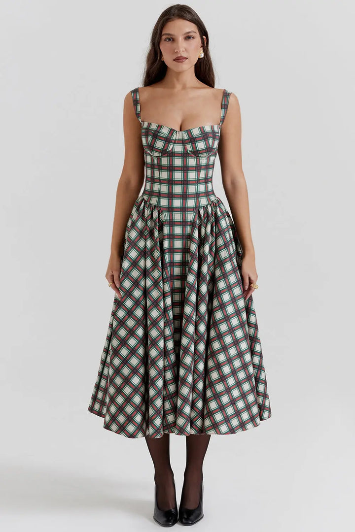 Vintage-style spaghetti strap plaid dress with a full skirt Clotheshomes™