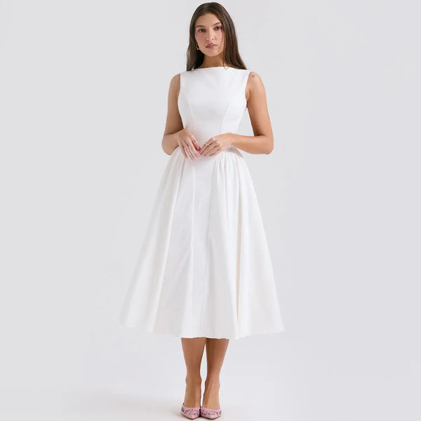 White Sleeveless  Waist-Cinched Backless Dress Clotheshomes™