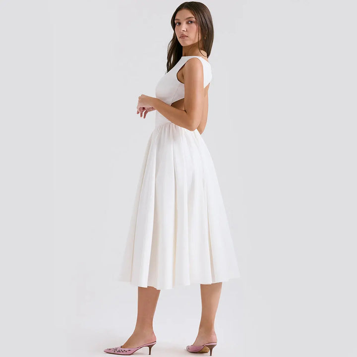 White Sleeveless  Waist-Cinched Backless Dress Clotheshomes™