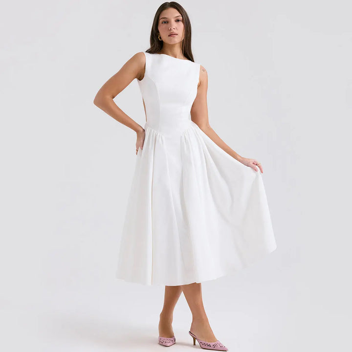 White Sleeveless  Waist-Cinched Backless Dress Clotheshomes™